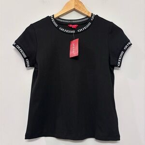 Guess Women's Black Short‎ Sleeve Top Shirt Ribbed Logo Trim Cotton Size S NWT